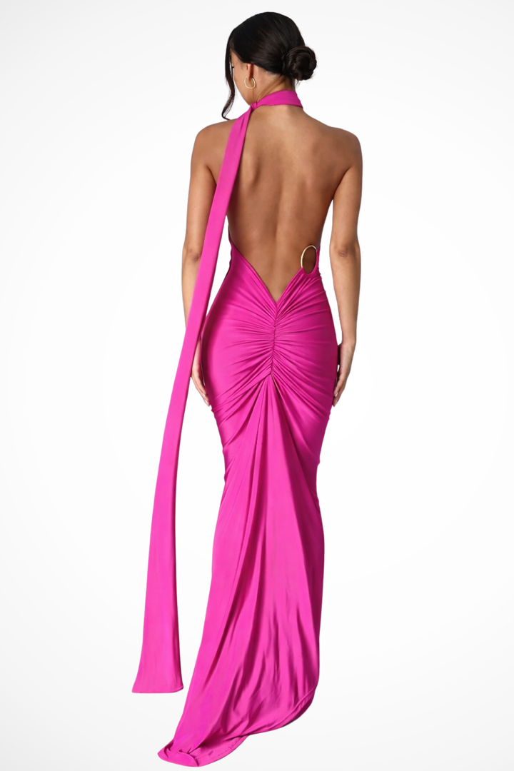 Sorvienne Women's One Shoulder Backless Ruched Maxi Dress in Rose Red