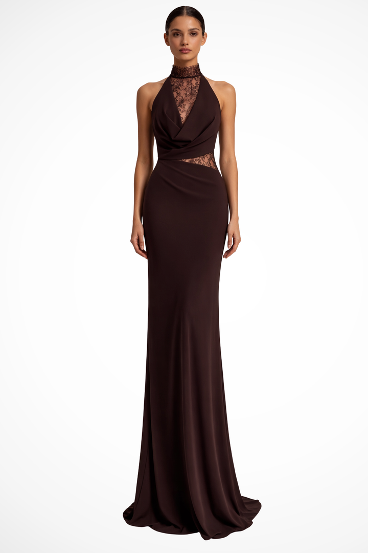 Sorvienne Women's Halter Neck Lace Panel Maxi Dress in Red Brown