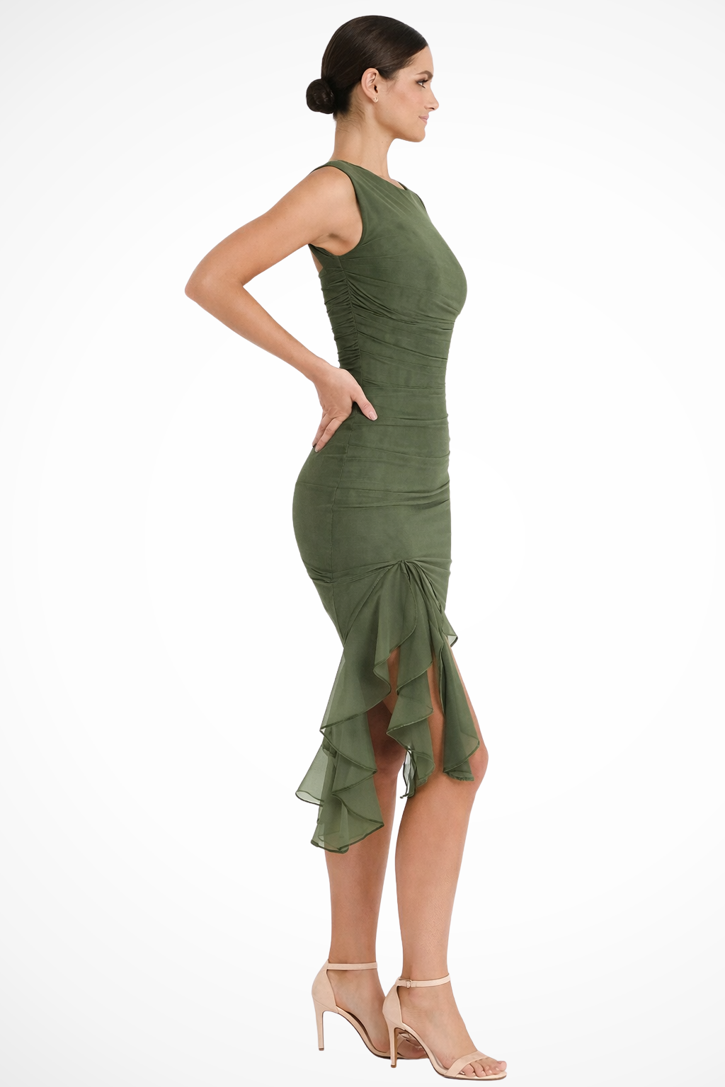 Sorvienne Women's Mesh Ruched Midi Dress