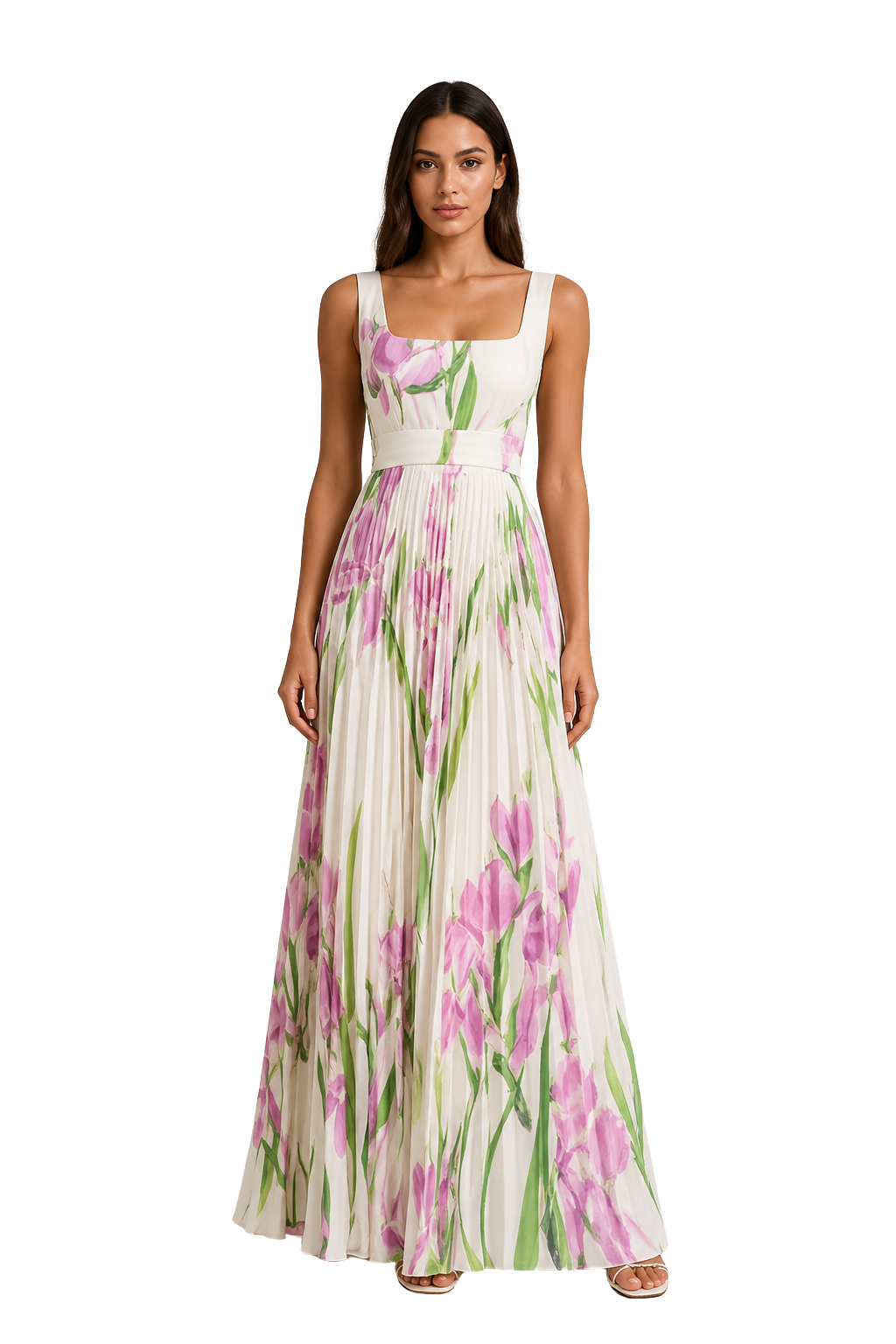 White Women's Floral Pleated Square Neck Maxi Dress – Sorvienne