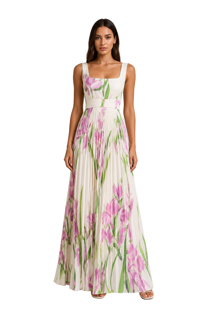White Women's Floral Pleated Square Neck Maxi Dress – Sorvienne