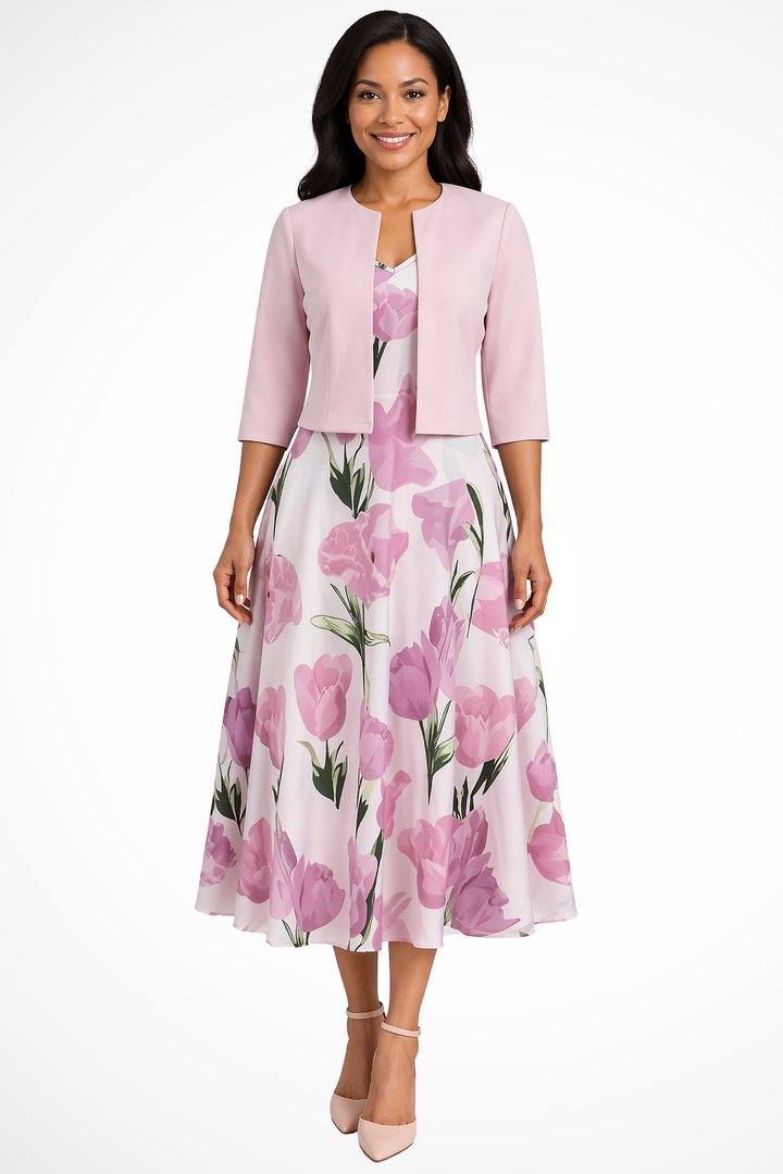 Sorvienne Women's Floral Maxi Dress & Jacket Set in Pink