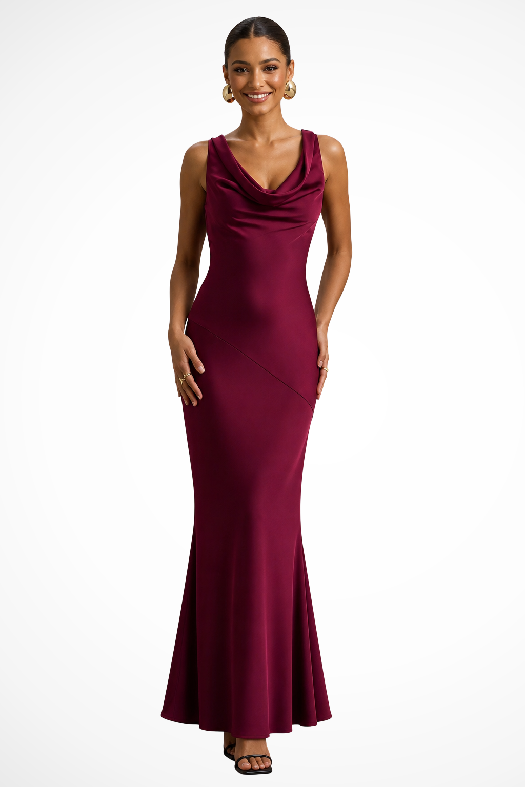 Sorvienne Women's Satin Cowl Neck Fitted Maxi Dress in Red Rose