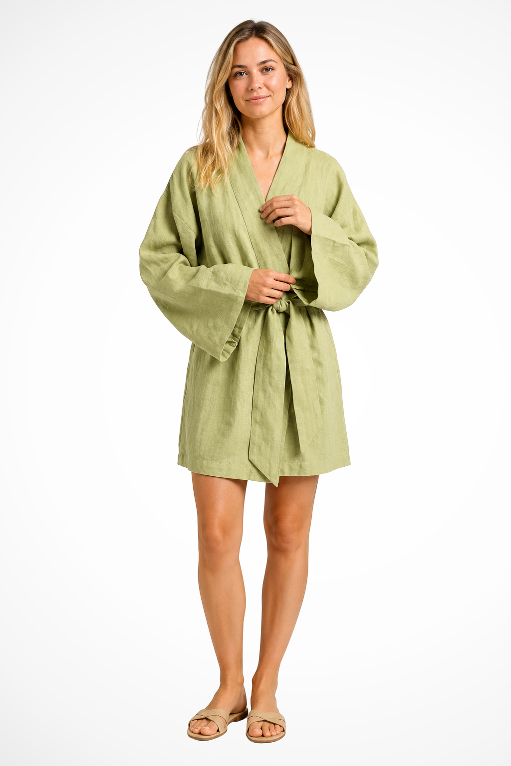 Sorvienne Linen Kimono Wrap Relaxed Midi Dress