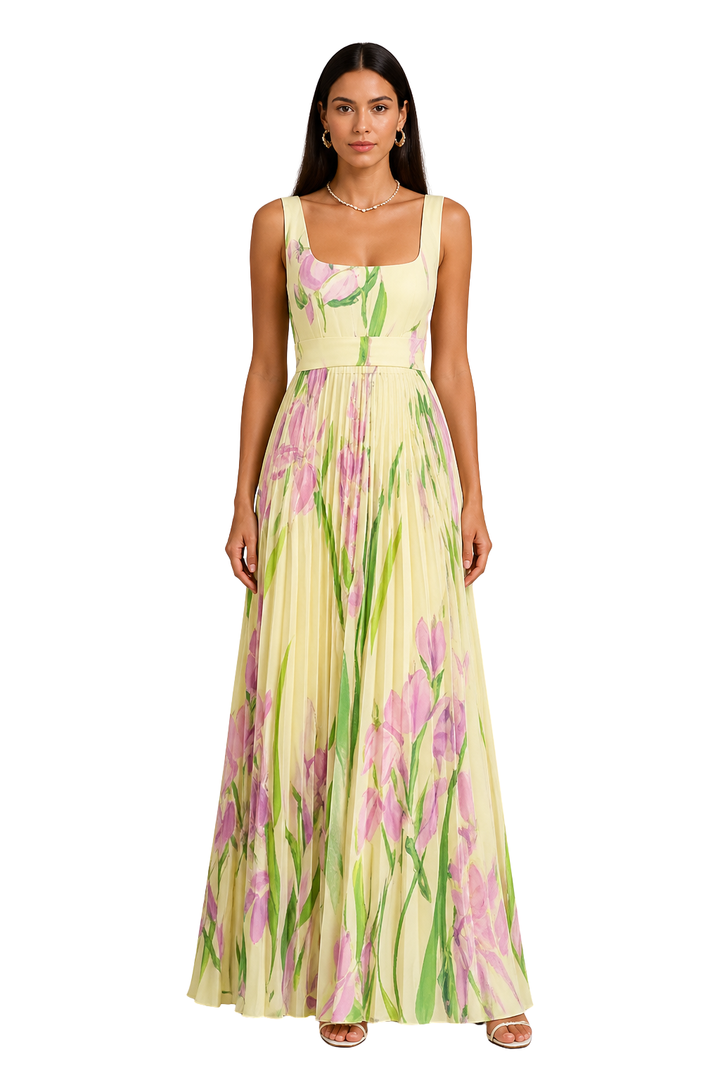 Yellow Women's Floral Pleated Square Neck Maxi Dress – Sorvienne