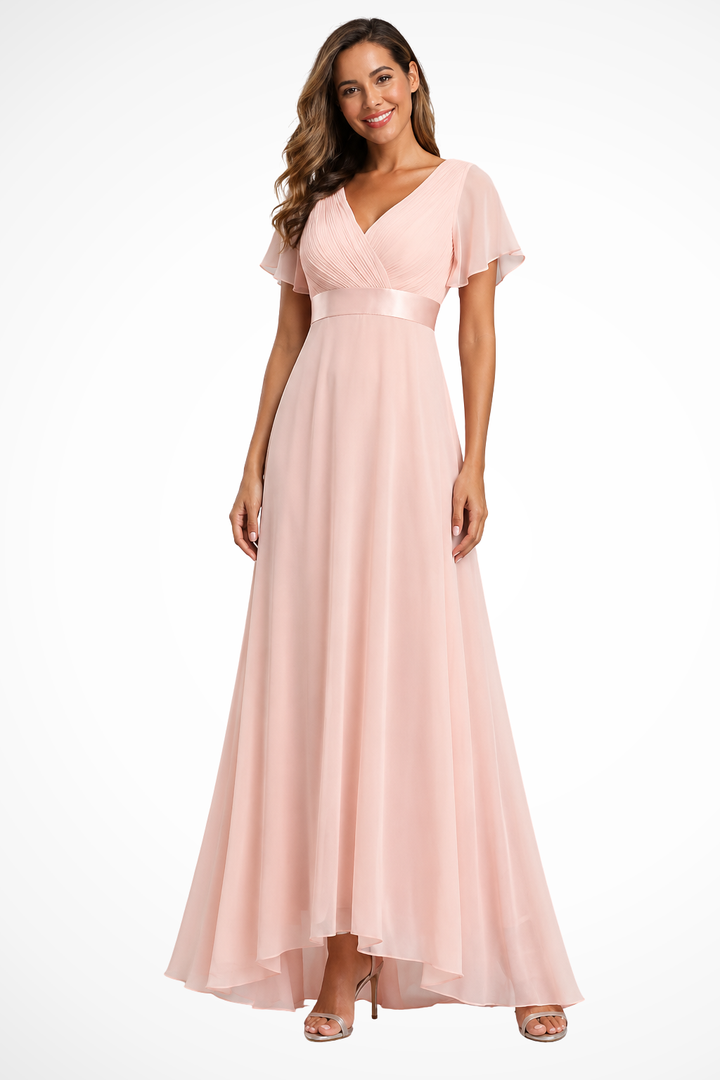 Sorvienne Women's Chiffon Flutter Sleeve V-Neck Maxi Dress in Pink