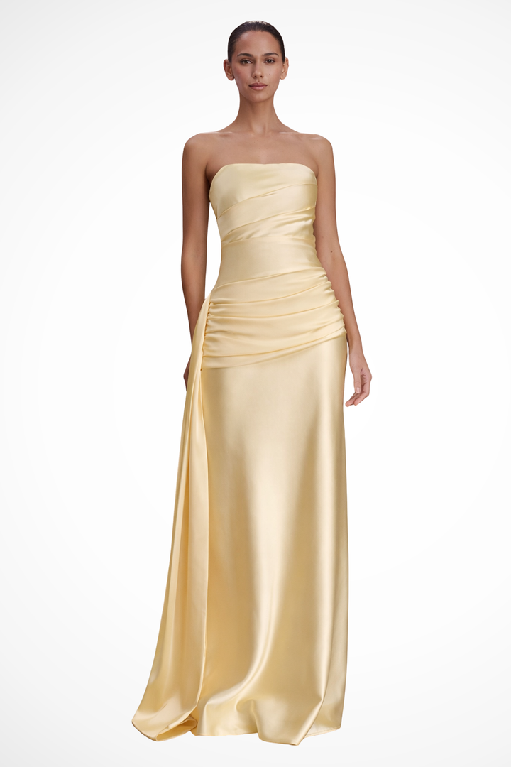 Sorvienne Women's Strapless Ruched Satin Maxi Dress in Apricot