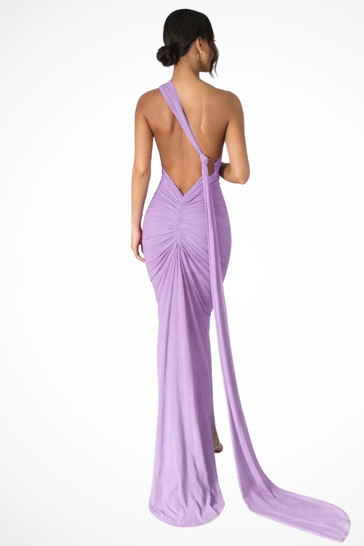 Sorvienne Women's One Shoulder Backless Ruched Maxi Dress in Light Purple