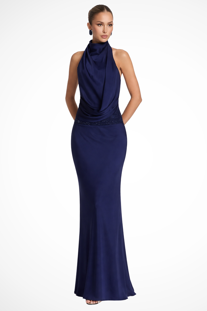 Sorvienne Women's Halter Neck Draped Satin Maxi Dress in Navy Blue