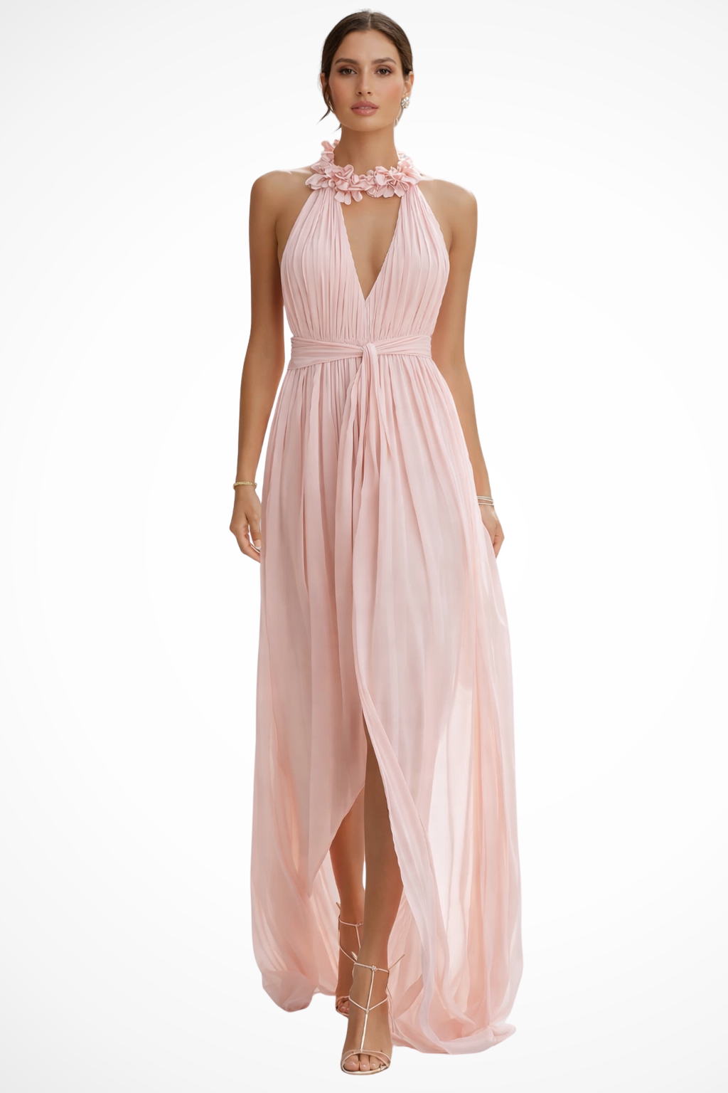 Sorvienne Women's Halter Neck Pleated Chiffon Maxi Dress in Pink