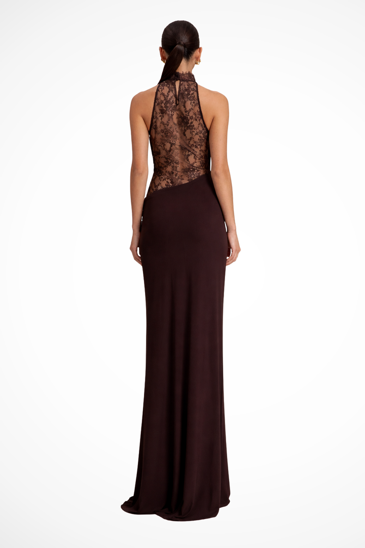 Sorvienne Women's Halter Neck Lace Panel Maxi Dress