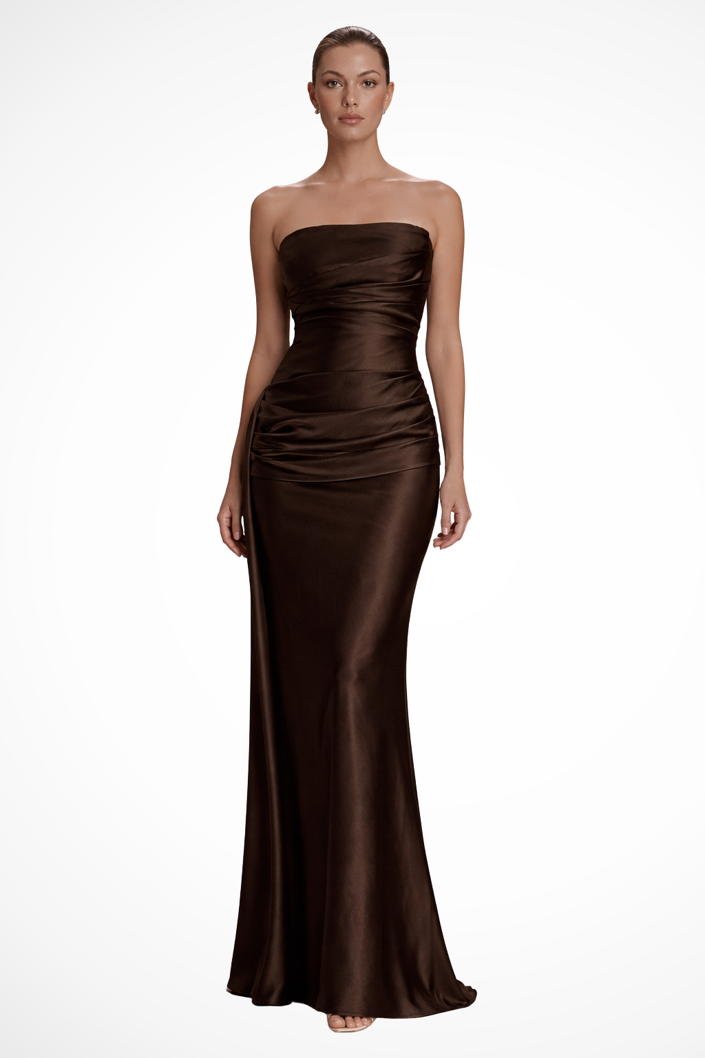 Sorvienne Women's Strapless Ruched Satin Maxi Dress in Brown