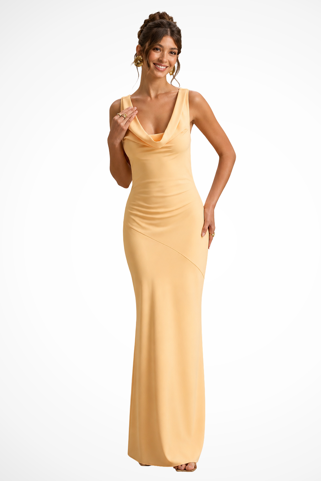 Sorvienne Women's Satin Cowl Neck Fitted Maxi Dress in Yellow