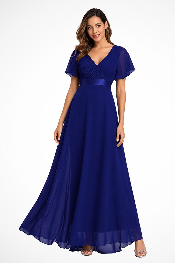 Sorvienne Women's Chiffon Flutter Sleeve V-Neck Maxi Dress in Sapphire Blue