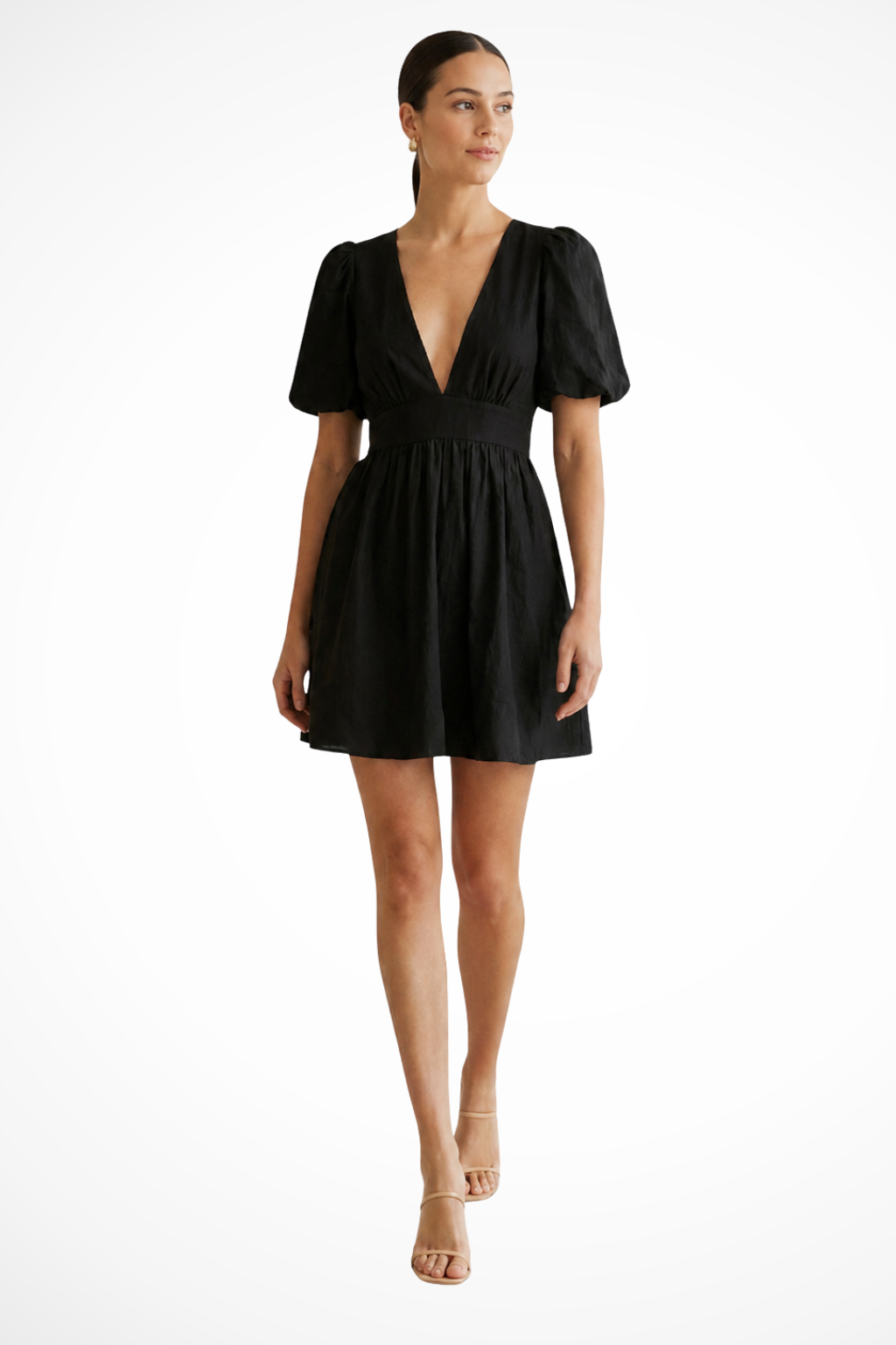 Sorvienne Puff Sleeve Linen Relaxed Mini Dress in Black