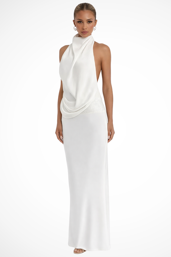 Sorvienne Women's Halter Neck Draped Satin Maxi Dress in White