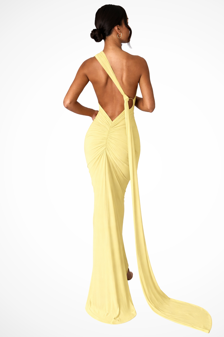 Sorvienne Women's One Shoulder Backless Ruched Maxi Dress in Light Yellow