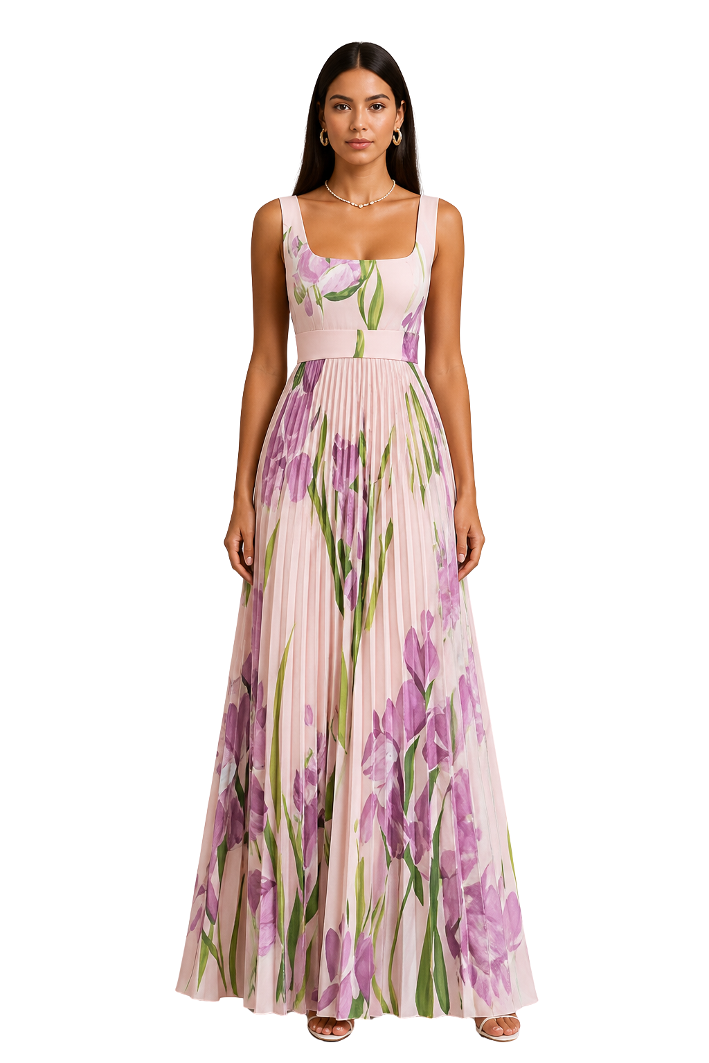 Pink Women's Floral Pleated Square Neck Maxi Dress – Sorvienne