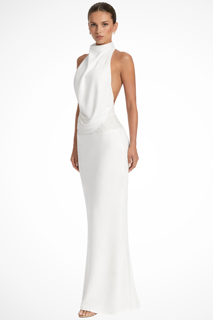 Sorvienne Women's Halter Neck Draped Satin Maxi Dress