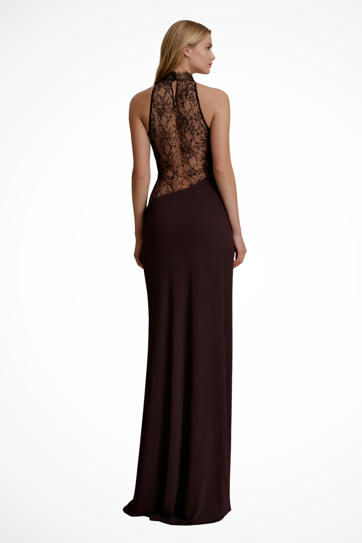Sorvienne Women's Halter Neck Lace Panel Maxi Dress