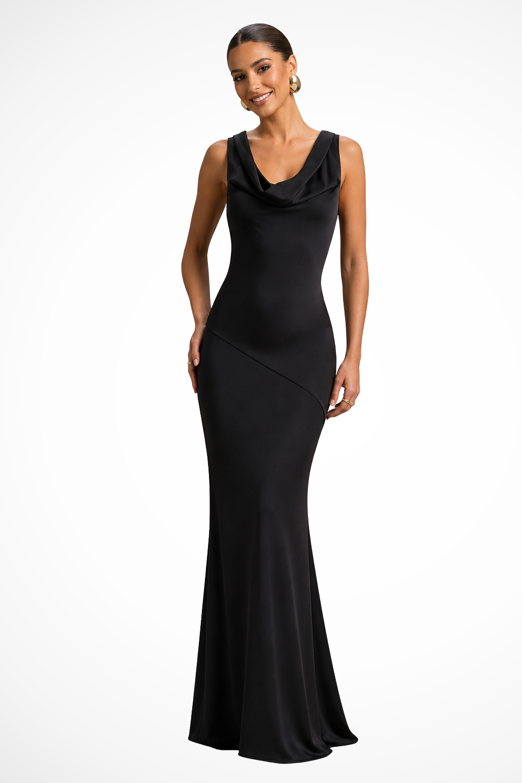 Sorvienne Women's Satin Cowl Neck Fitted Maxi Dress in Black