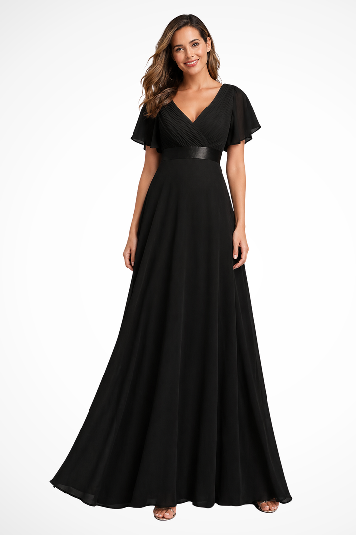Sorvienne Women's Chiffon Flutter Sleeve V-Neck Maxi Dress in Black