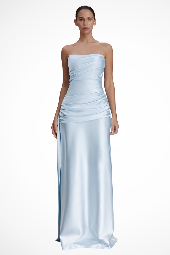 Sorvienne Women's Strapless Ruched Satin Maxi Dress in Light Blue