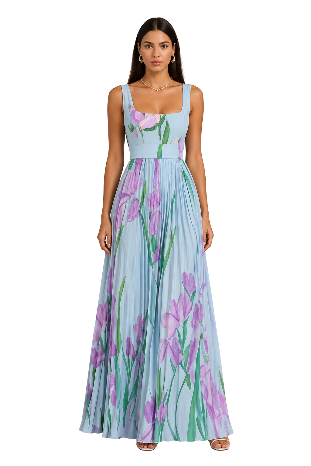Blue Women's Floral Pleated Square Neck Maxi Dress – Sorvienne