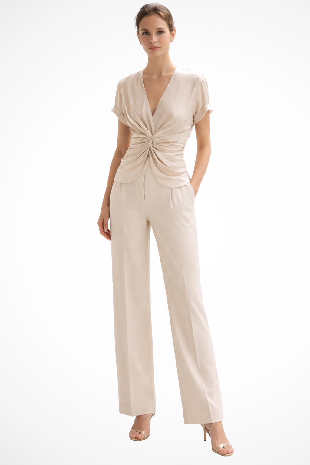 Sorvienne Women's V-Neck Twist Front Blouse in Cream