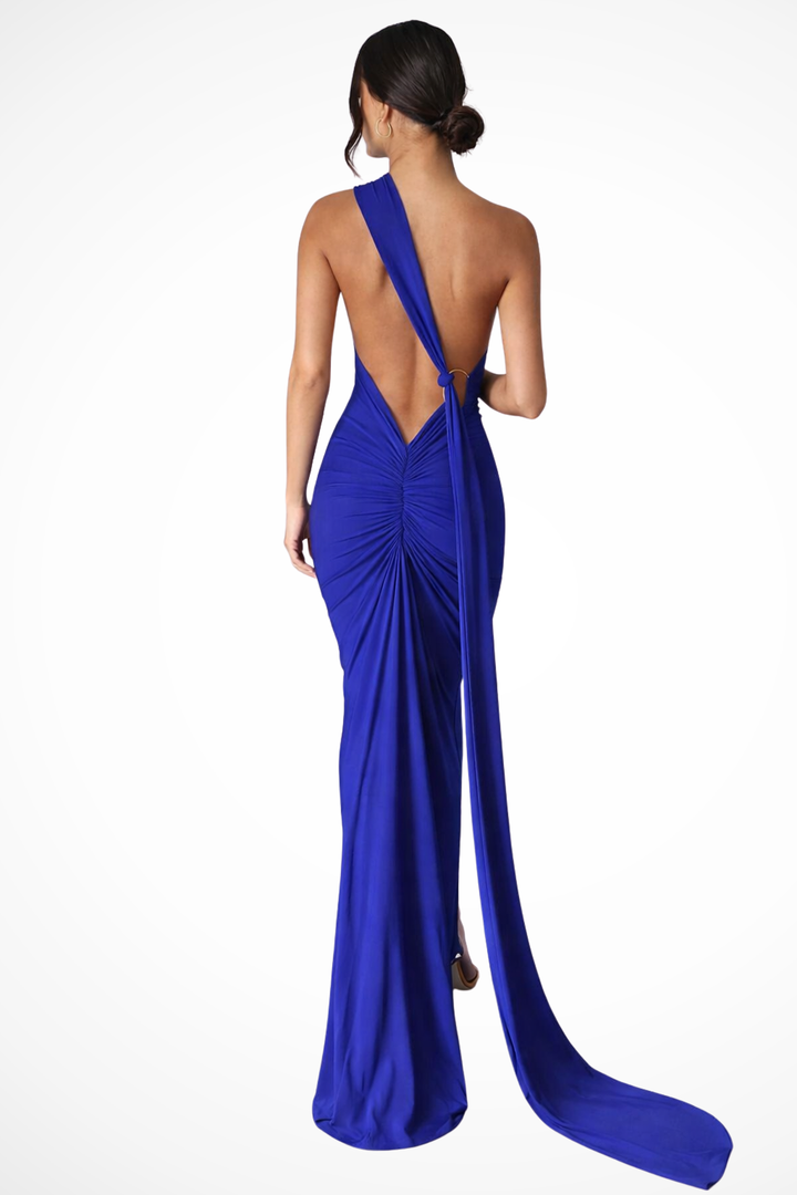 Sorvienne Women's One Shoulder Backless Ruched Maxi Dress in Deep Blue