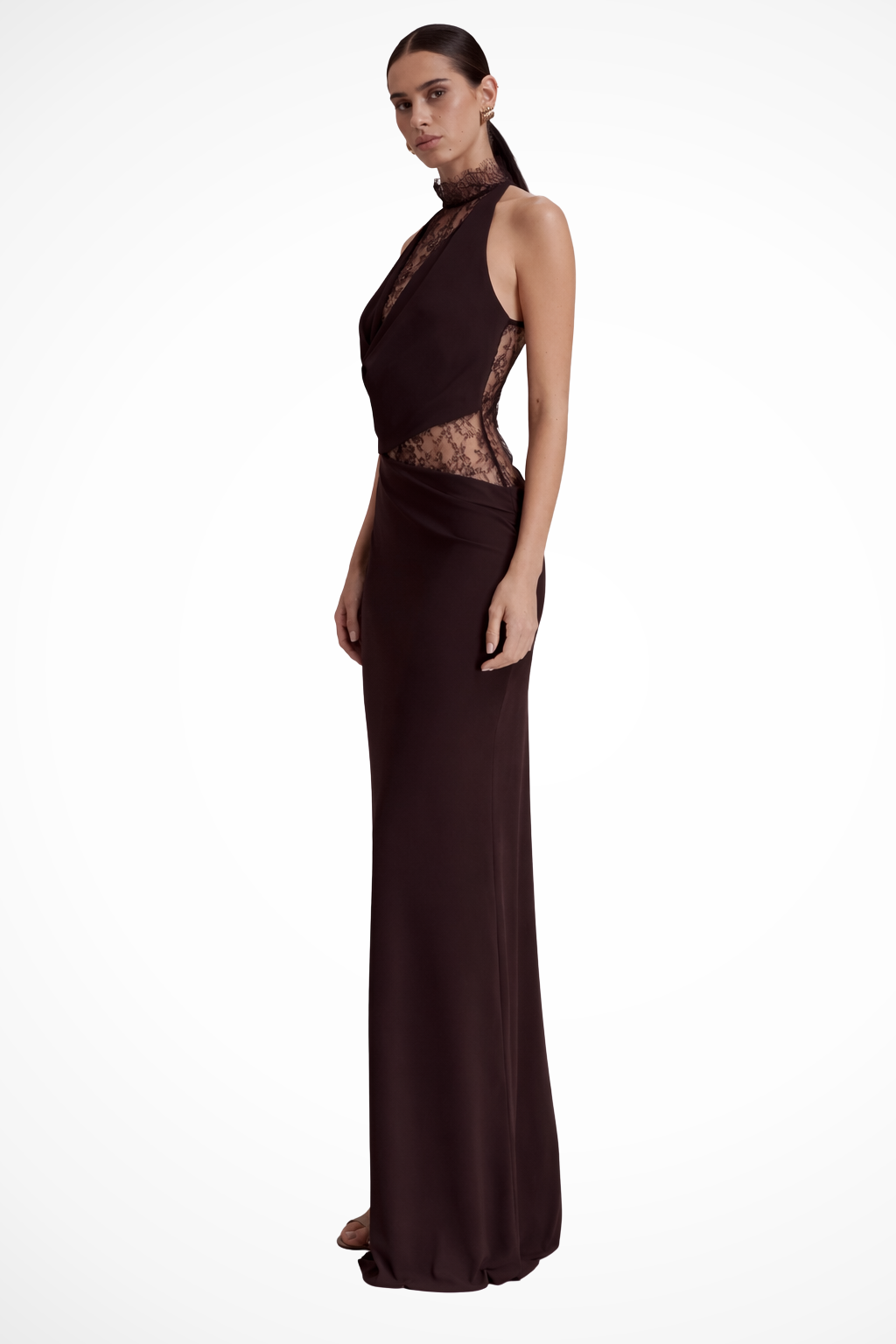 Sorvienne Women's Halter Neck Lace Panel Maxi Dress