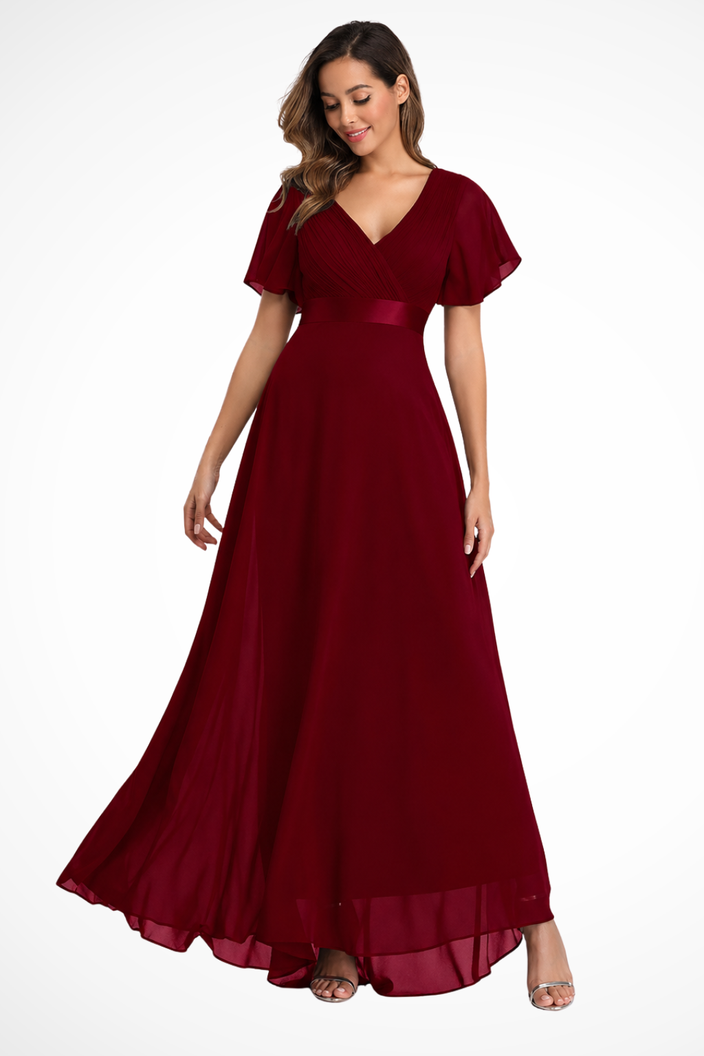 Sorvienne Women's Chiffon Flutter Sleeve V-Neck Maxi Dress in Burgundy