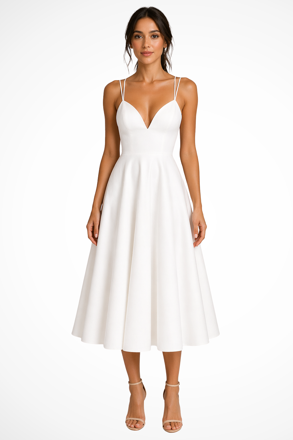 Sorvienne Women's Sweetheart Neck A-Line Midi Dress in White