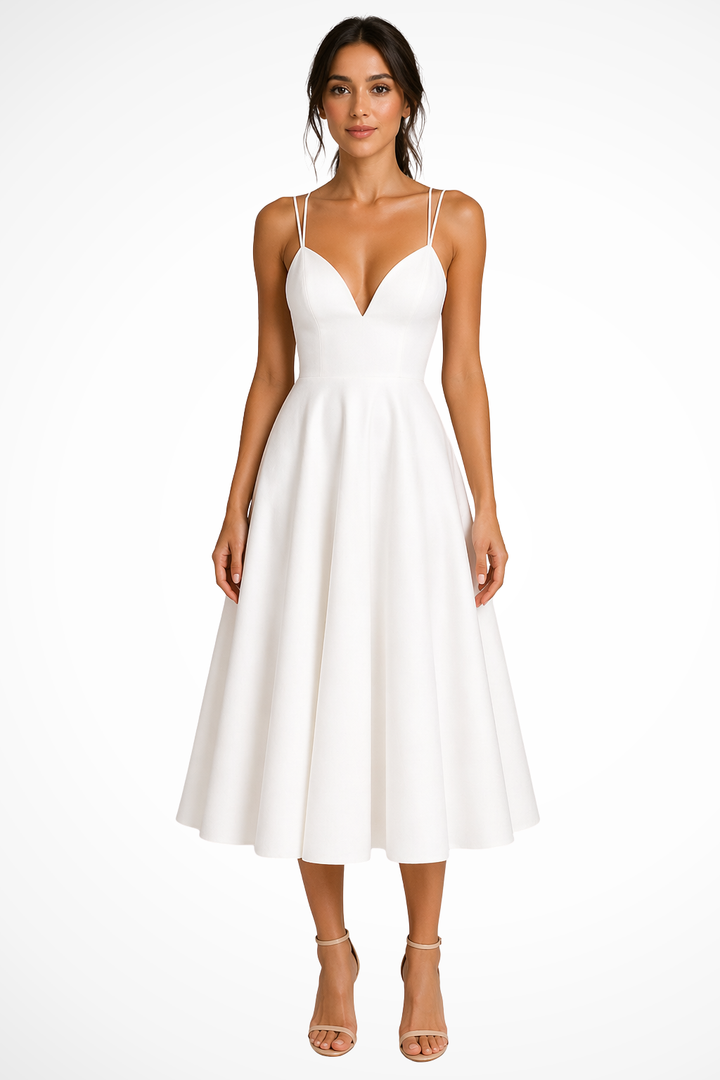 Sorvienne Women's Sweetheart Neck A-Line Midi Dress in White