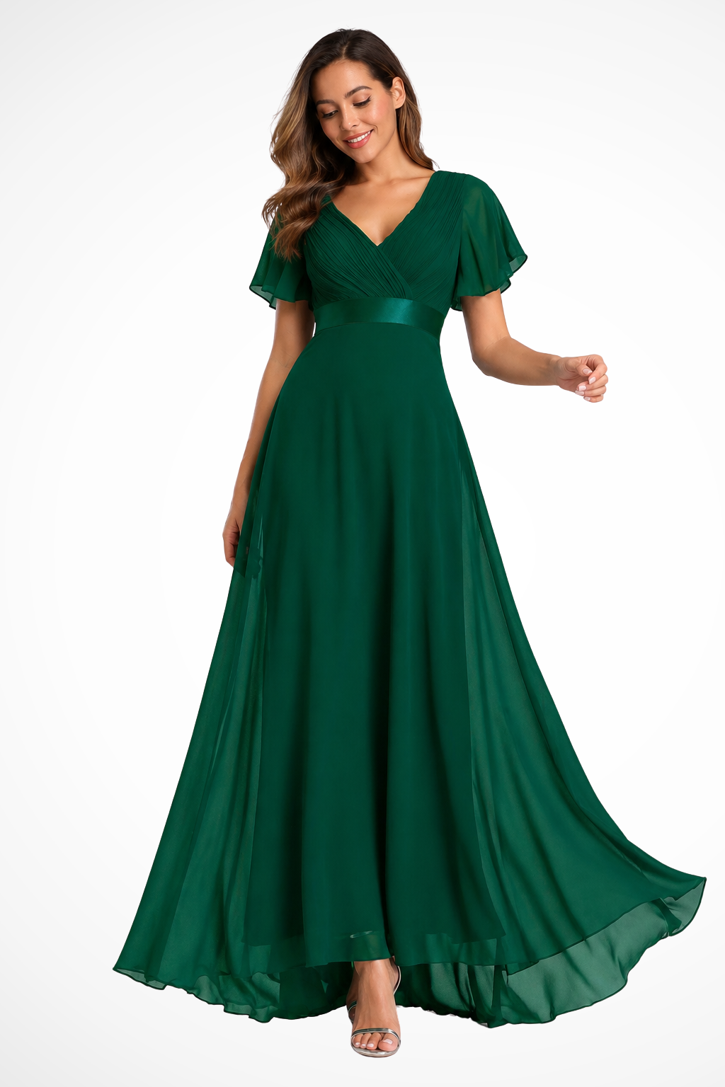 Sorvienne Women's Chiffon Flutter Sleeve V-Neck Maxi Dress in Dark Green