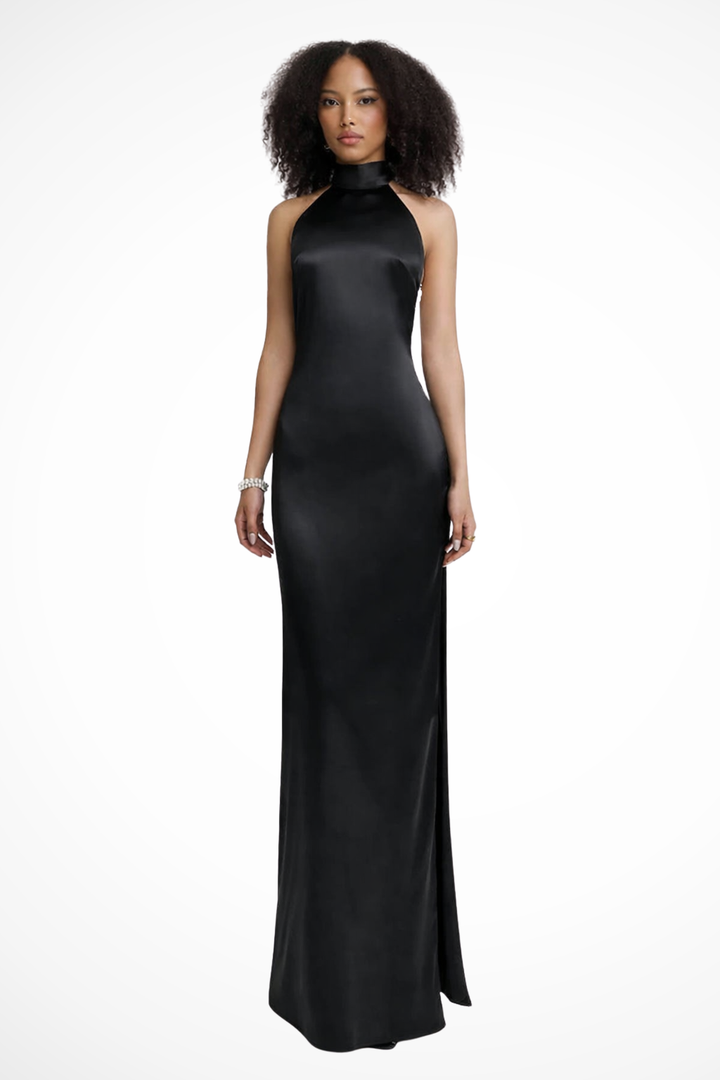 Sorvienne Women's High Neck Halter Chain Detail Backless Maxi Dress