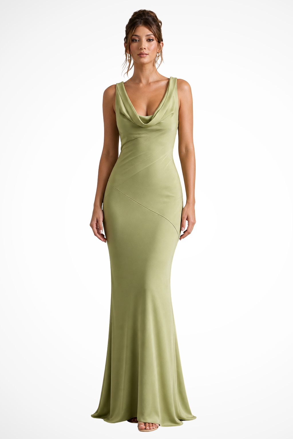 Sorvienne Women's Satin Cowl Neck Fitted Maxi Dress in Green