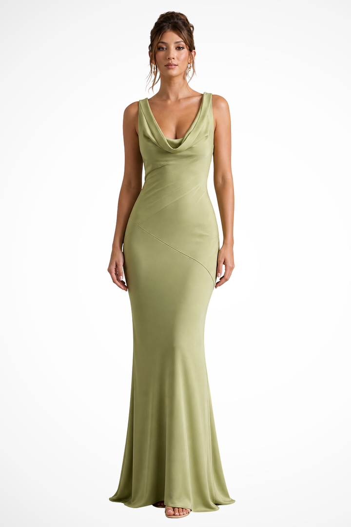 Sorvienne Women's Satin Cowl Neck Fitted Maxi Dress in Green