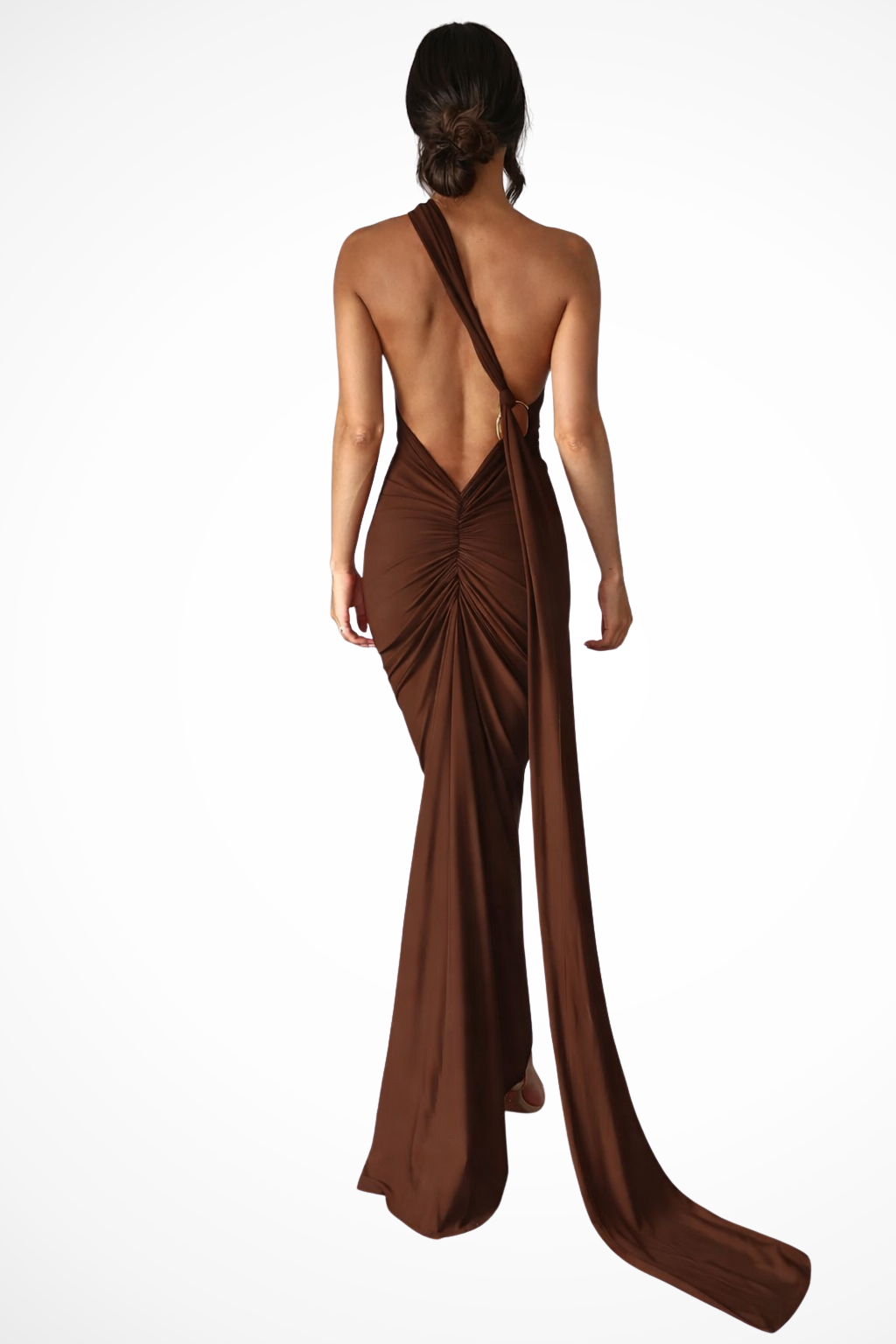 Sorvienne Women's One Shoulder Backless Ruched Maxi Dress in Brown