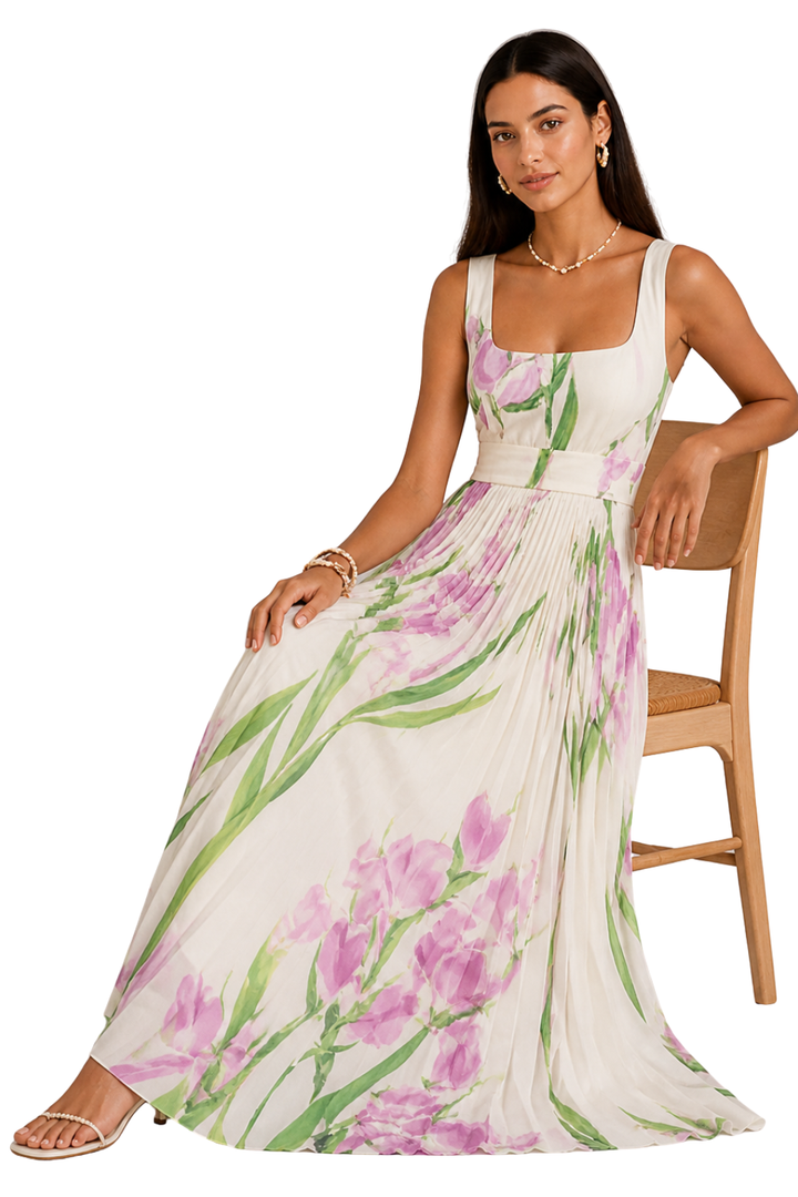 Women's Floral Pleated Square Neck Maxi Dress – Sorvienne