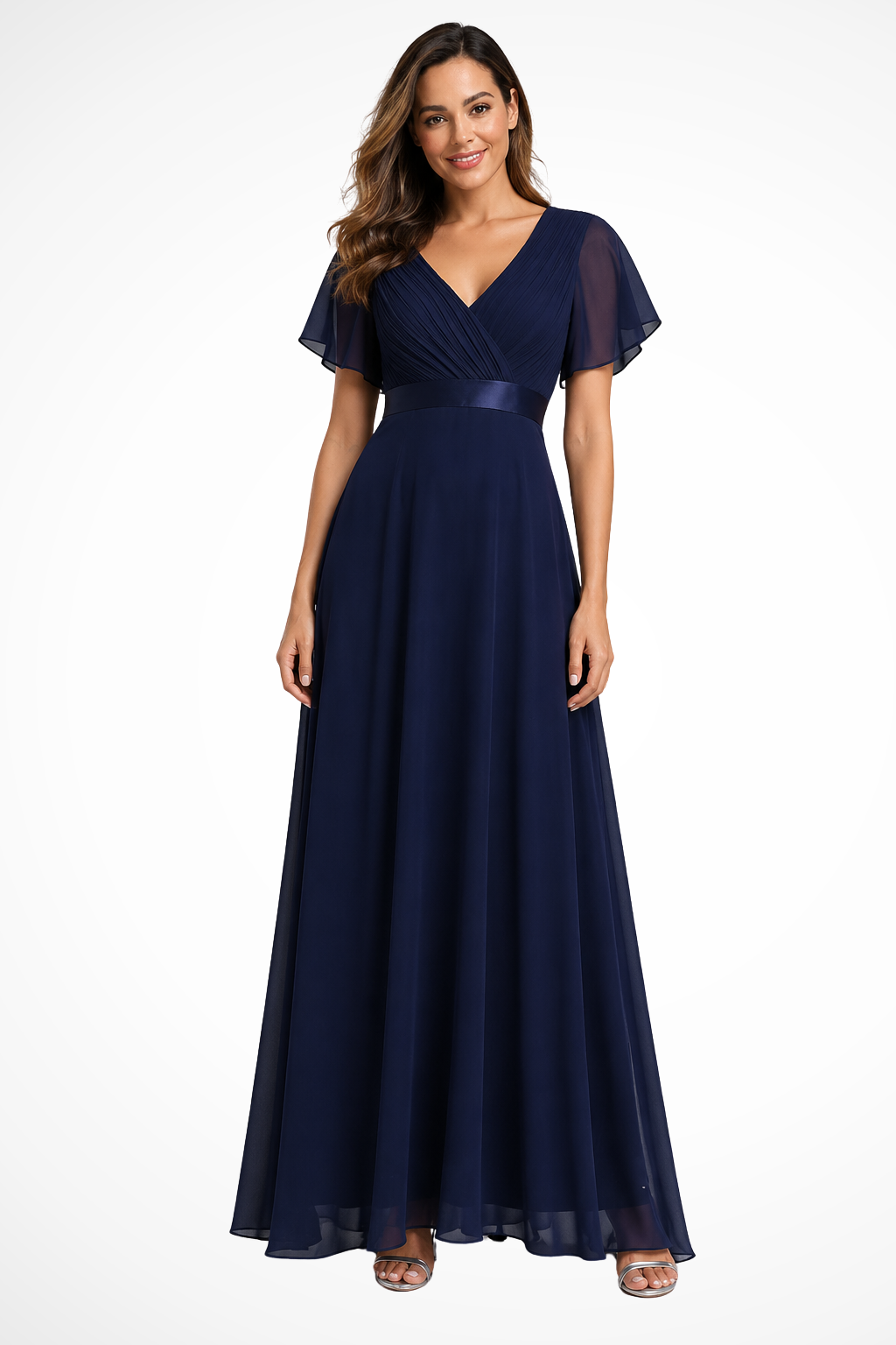 Sorvienne Women's Chiffon Flutter Sleeve V-Neck Maxi Dress in Navy Blue