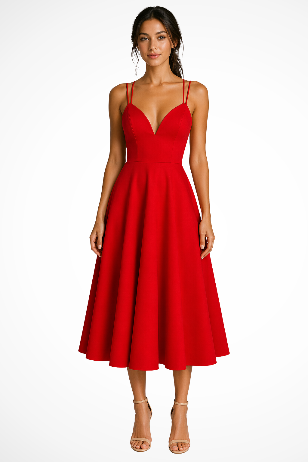 Sorvienne Women's Sweetheart Neck A-Line Midi Dress in Red