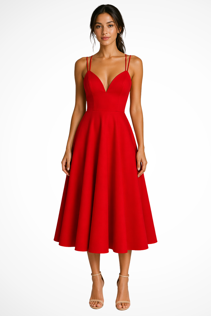 Sorvienne Women's Sweetheart Neck A-Line Midi Dress in Red