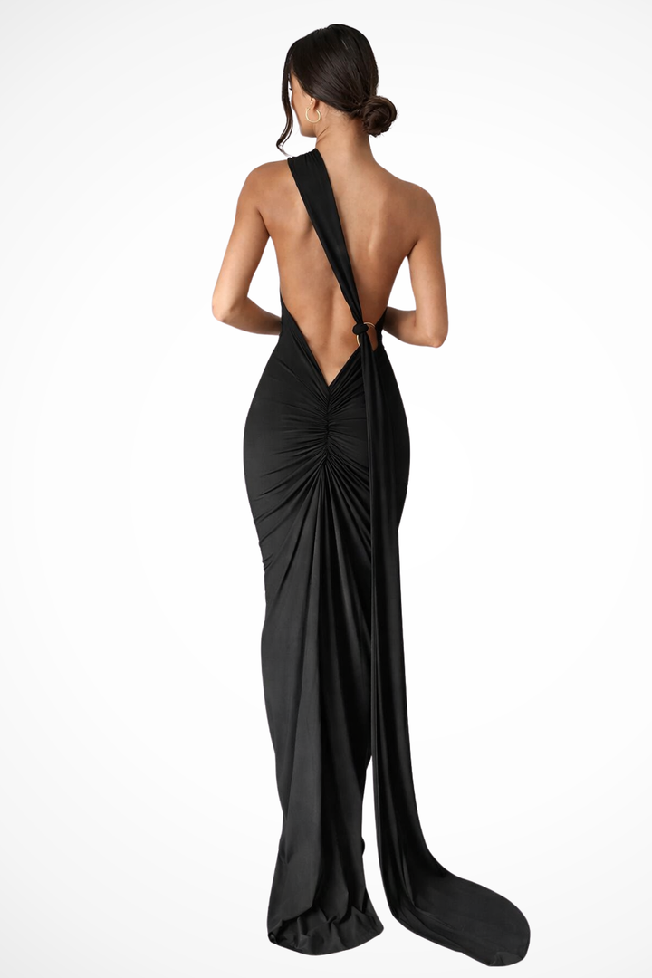 Sorvienne Women's One Shoulder Backless Ruched Maxi Dress in Black