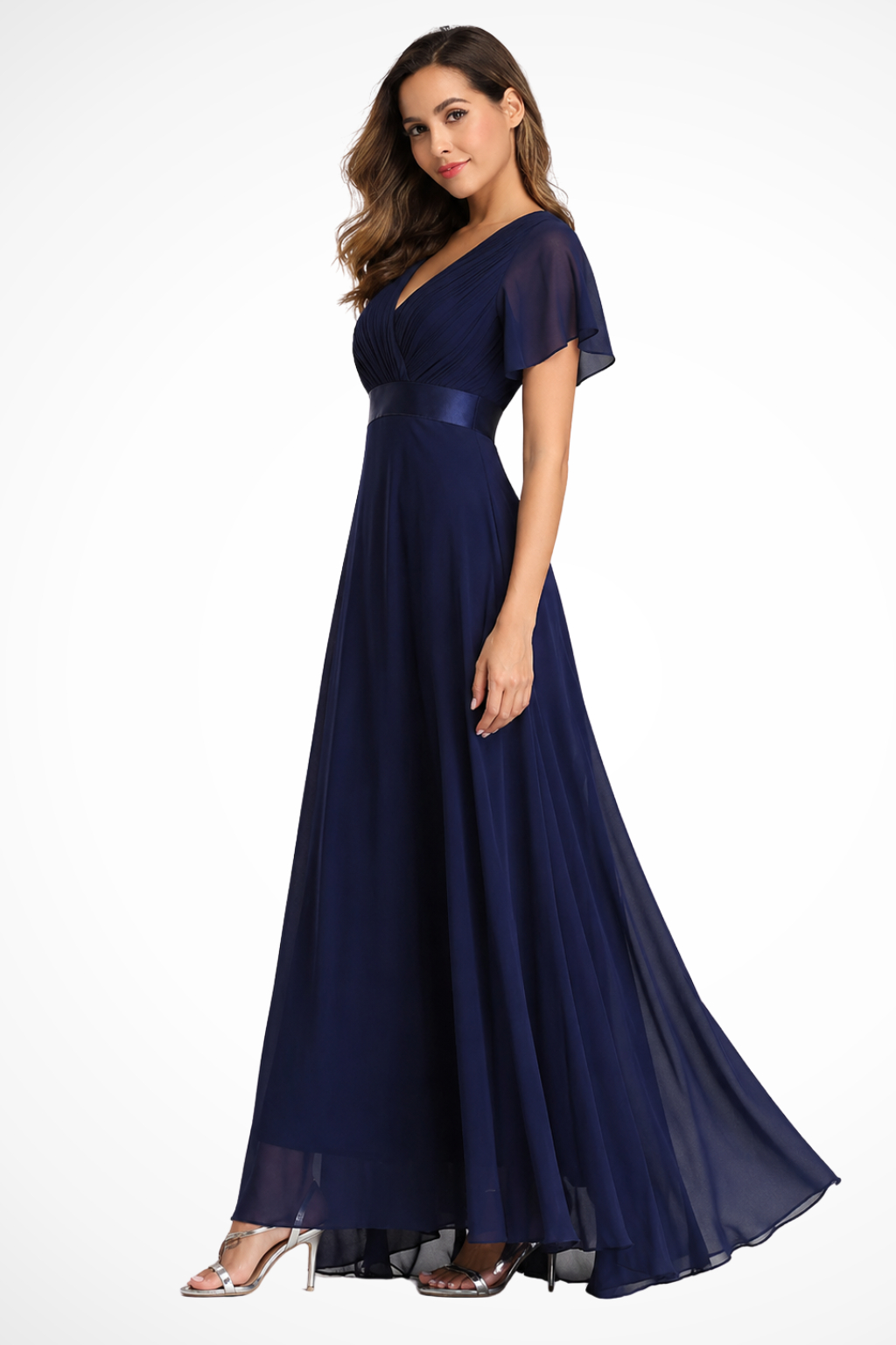 Sorvienne Women's Chiffon Flutter Sleeve V-Neck Maxi Dress