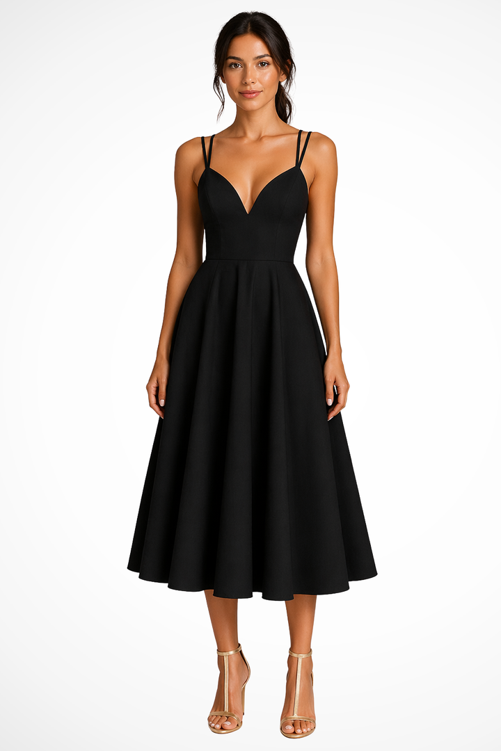 Sorvienne Women's Sweetheart Neck A-Line Midi Dress in Black
