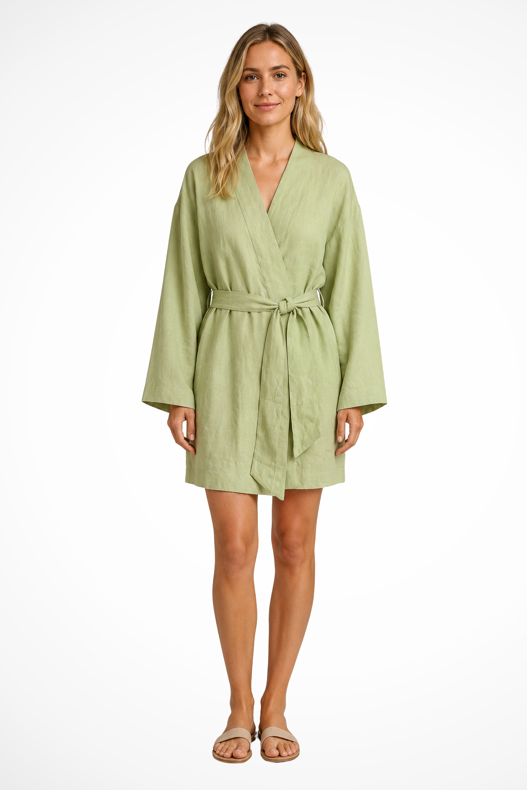 Sorvienne Linen Kimono Wrap Relaxed Midi Dress in Sage Green