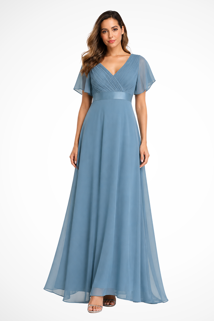 Sorvienne Women's Chiffon Flutter Sleeve V-Neck Maxi Dress in Lack Blue