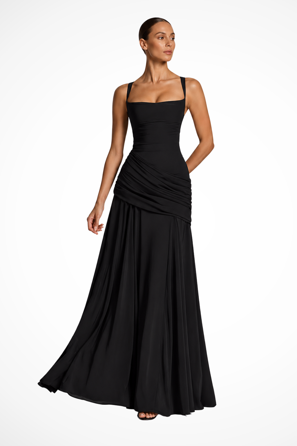 Sorvienne Women's Square Neck Ruched Maxi Dress in Black