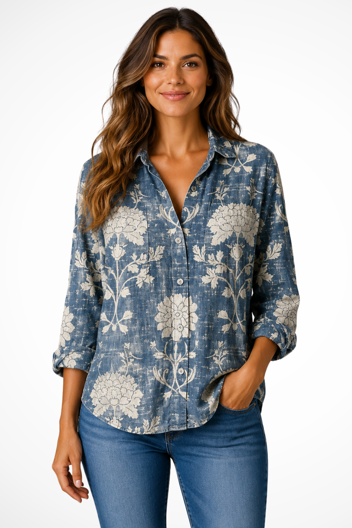 Sorvienne Bandana Print Boho Button-Down Blouse in Blue